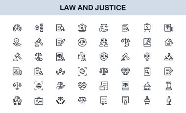 Hukuk ve Adalet Simgesi Vektör Biçiminde Ayarlandı Hukuki Semboller, Mahkeme Elementleri ve Avukat Araçları