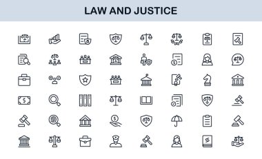 Hukuk ve Adalet Simgesi Vektör Biçiminde Ayarlandı Hukuki Semboller, Mahkeme Elementleri ve Avukat Araçları