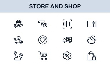 Satır Biçiminde Retail, Checkout ve E-ticaret Grafiklerinin yer aldığı Modern Mağaza ve Dükkan Simgeleri