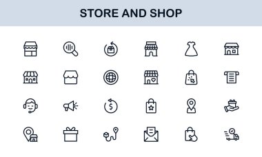 Satır Biçiminde Retail, Checkout ve E-ticaret Grafiklerinin yer aldığı Modern Mağaza ve Dükkan Simgeleri