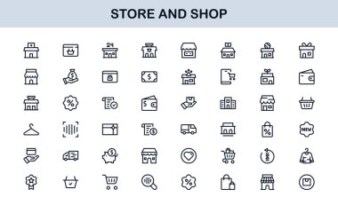 Satır Biçiminde Retail, Checkout ve E-ticaret Grafiklerinin yer aldığı Modern Mağaza ve Dükkan Simgeleri