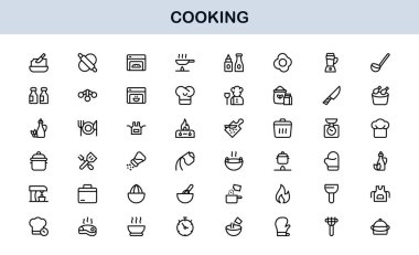 Vektör Pişirme Simgeleri Koleksiyonu Minimum Utensiller, İçindekiler ve Mutfak Elementleri Biçimlendirmesi