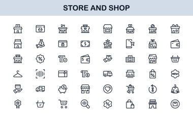 Satır Biçiminde Retail, Checkout ve E-ticaret Grafiklerinin yer aldığı Modern Mağaza ve Dükkan Simgeleri