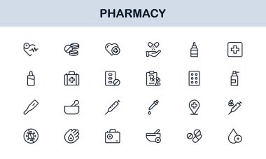 Vector Eczane Simgesi Seti Tıbbi Semboller, İlaçlar, Reçeteler ve Sağlık Elementleri