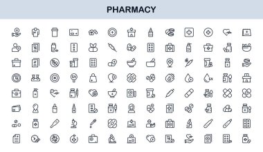 Vector Eczane Simgesi Seti Tıbbi Semboller, İlaçlar, Reçeteler ve Sağlık Elementleri