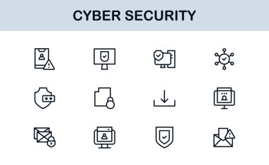 Siber Güvenlik Modern Satır Simgesi Ayarlandı. Ağ güvenliği, veri koruması, mahremiyet ve çevrimiçi güvenlik gereksinimleri.
