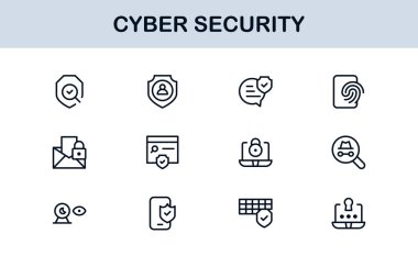 Siber Güvenlik Modern Satır Simgesi Ayarlandı. Ağ güvenliği, veri koruması, mahremiyet ve çevrimiçi güvenlik gereksinimleri.