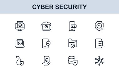 Siber Güvenlik Modern Satır Simgesi Ayarlandı. Ağ güvenliği, veri koruması, mahremiyet ve çevrimiçi güvenlik gereksinimleri.