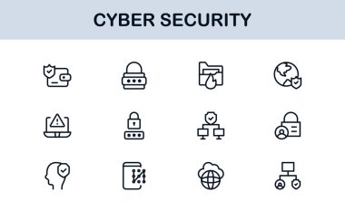 Siber Güvenlik Modern Satır Simgesi Ayarlandı. Ağ güvenliği, veri koruması, mahremiyet ve çevrimiçi güvenlik gereksinimleri.