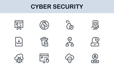 Siber Güvenlik Modern Satır Simgesi Ayarlandı. Ağ güvenliği, veri koruması, mahremiyet ve çevrimiçi güvenlik gereksinimleri.