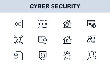 Siber Güvenlik Modern Satır Simgesi Ayarlandı. Ağ güvenliği, veri koruması, mahremiyet ve çevrimiçi güvenlik gereksinimleri.