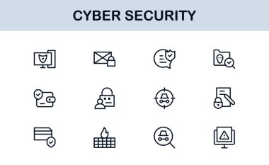 Siber Güvenlik Modern Satır Simgesi Ayarlandı. Ağ güvenliği, veri koruması, mahremiyet ve çevrimiçi güvenlik gereksinimleri.