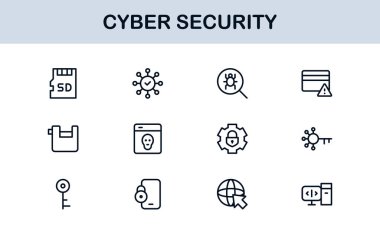 Siber Güvenlik Modern Satır Simgesi Ayarlandı. Ağ güvenliği, veri koruması, mahremiyet ve çevrimiçi güvenlik gereksinimleri.