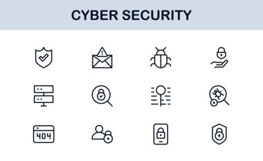 Siber Güvenlik Modern Satır Simgesi Ayarlandı. Ağ güvenliği, veri koruması, mahremiyet ve çevrimiçi güvenlik gereksinimleri.