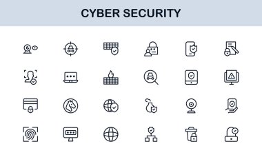Siber Güvenlik Modern Satır Simgesi Ayarlandı. Ağ güvenliği, veri koruması, mahremiyet ve çevrimiçi güvenlik gereksinimleri.