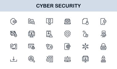Siber Güvenlik Modern Satır Simgesi Ayarlandı. Ağ güvenliği, veri koruması, mahremiyet ve çevrimiçi güvenlik gereksinimleri.