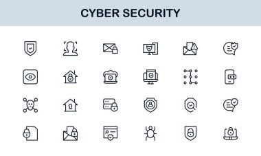 Siber Güvenlik Modern Satır Simgesi Ayarlandı. Ağ güvenliği, veri koruması, mahremiyet ve çevrimiçi güvenlik gereksinimleri.