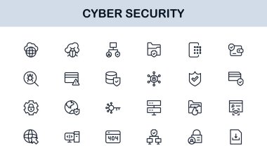 Siber Güvenlik Modern Satır Simgesi Ayarlandı. Ağ güvenliği, veri koruması, mahremiyet ve çevrimiçi güvenlik gereksinimleri.