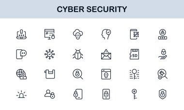 Siber Güvenlik Modern Satır Simgesi Ayarlandı. Ağ güvenliği, veri koruması, mahremiyet ve çevrimiçi güvenlik gereksinimleri.