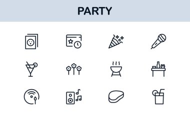 Şenlik Partisi Simgeleri Minimal Satır Sanat Stili Kutlama, Yiyecek, İçecekler ve Müzik Sunar