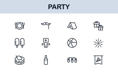 Şenlik Partisi Simgeleri Minimal Satır Sanat Stili Kutlama, Yiyecek, İçecekler ve Müzik Sunar
