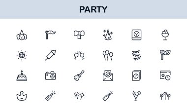 Şenlik Partisi Simgeleri Minimal Satır Sanat Stili Kutlama, Yiyecek, İçecekler ve Müzik Sunar