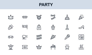 Şenlik Partisi Simgeleri Minimal Satır Sanat Stili Kutlama, Yiyecek, İçecekler ve Müzik Sunar