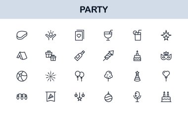 Şenlik Partisi Simgeleri Minimal Satır Sanat Stili Kutlama, Yiyecek, İçecekler ve Müzik Sunar