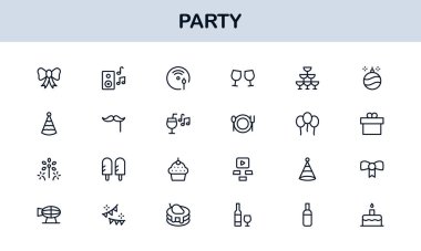 Şenlik Partisi Simgeleri Minimal Satır Sanat Stili Kutlama, Yiyecek, İçecekler ve Müzik Sunar
