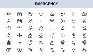 Kriz, uyarı, ilk yardım ve felaketle ilgili temiz vektör tarzında hizmetler için profesyonel ve basit semboller içeren modern çizgi simgesi.