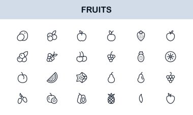 Meyve Hattı Simgesi Paketi, Modern Koleksiyon. Modern, minimal ve profesyonel ana hatlara sahip taze meyve çizgisi simgesi paketi temiz bir vektör tasarımı tarzında popüler meyvelerin ana hatları.