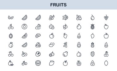 Meyve Hattı Simgesi Paketi, Modern Koleksiyon. Modern, minimal ve profesyonel ana hatlara sahip taze meyve çizgisi simgesi paketi temiz bir vektör tasarımı tarzında popüler meyvelerin ana hatları.