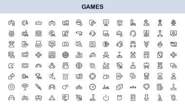 Oyunlar, dijital tasarım, uygulamalar, eğlence ve daha fazlası için mükemmel minimal, profesyonel ve yaratıcı vektör sembolleri içeren modern çizgi simgesi seti.
