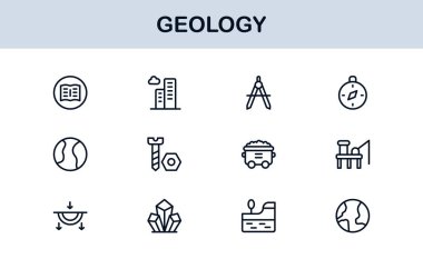 Jeoloji, Eşsiz Çizgi Simgesi Koleksiyonu. Bilimsel görseller için jeolojik araçlar, stratigrafi, tektonik plakalar ve kazı sembolleri içeren yaratıcı, birinci sınıf taslak simgeleri