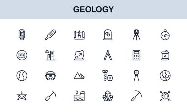 Jeoloji, Eşsiz Çizgi Simgesi Koleksiyonu. Bilimsel görseller için jeolojik araçlar, stratigrafi, tektonik plakalar ve kazı sembolleri içeren yaratıcı, birinci sınıf taslak simgeleri