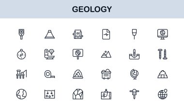 Jeoloji, Eşsiz Çizgi Simgesi Koleksiyonu. Bilimsel görseller için jeolojik araçlar, stratigrafi, tektonik plakalar ve kazı sembolleri içeren yaratıcı, birinci sınıf taslak simgeleri