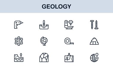 Jeoloji, Eşsiz Çizgi Simgesi Koleksiyonu. Bilimsel görseller için jeolojik araçlar, stratigrafi, tektonik plakalar ve kazı sembolleri içeren yaratıcı, birinci sınıf taslak simgeleri