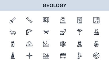 Jeoloji, Eşsiz Çizgi Simgesi Koleksiyonu. Bilimsel görseller için jeolojik araçlar, stratigrafi, tektonik plakalar ve kazı sembolleri içeren yaratıcı, birinci sınıf taslak simgeleri