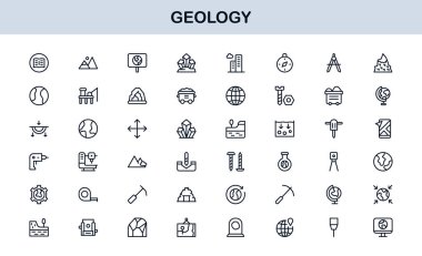 Jeoloji, Eşsiz Çizgi Simgesi Koleksiyonu. Bilimsel görseller için jeolojik araçlar, stratigrafi, tektonik plakalar ve kazı sembolleri içeren yaratıcı, birinci sınıf taslak simgeleri