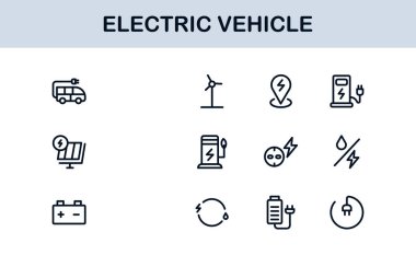 Elektrikli Araç Hattı Simgesi Ayarlandı. Modern, minimal, profesyonel elektrik hareketlilik çizgisi simgesi EV teknolojisi, şarj etme, pil, araba ve sürdürülebilirlik kavramlarını gözler önüne serer.