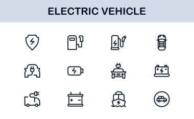 Elektrikli Araç Hattı Simgesi Ayarlandı. Modern, minimal, profesyonel elektrik hareketlilik çizgisi simgesi EV teknolojisi, şarj etme, pil, araba ve sürdürülebilirlik kavramlarını gözler önüne serer.