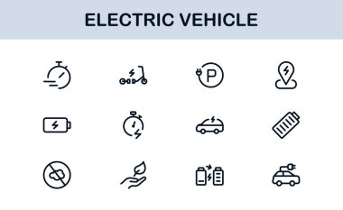 Elektrikli Araç Hattı Simgesi Ayarlandı. Modern, minimal, profesyonel elektrik hareketlilik çizgisi simgesi EV teknolojisi, şarj etme, pil, araba ve sürdürülebilirlik kavramlarını gözler önüne serer.