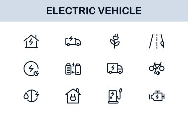 Elektrikli Araç Hattı Simgesi Ayarlandı. Modern, minimal, profesyonel elektrik hareketlilik çizgisi simgesi EV teknolojisi, şarj etme, pil, araba ve sürdürülebilirlik kavramlarını gözler önüne serer.