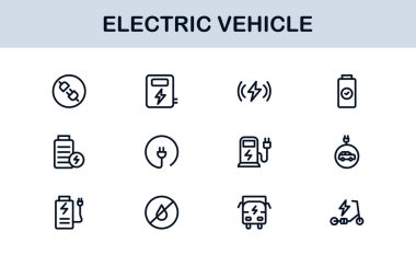 Elektrikli Araç Hattı Simgesi Ayarlandı. Modern, minimal, profesyonel elektrik hareketlilik çizgisi simgesi EV teknolojisi, şarj etme, pil, araba ve sürdürülebilirlik kavramlarını gözler önüne serer.