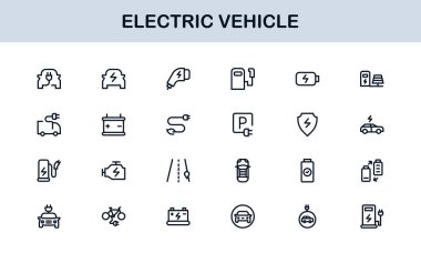 Elektrikli Araç Hattı Simgesi Ayarlandı. Modern, minimal, profesyonel elektrik hareketlilik çizgisi simgesi EV teknolojisi, şarj etme, pil, araba ve sürdürülebilirlik kavramlarını gözler önüne serer.