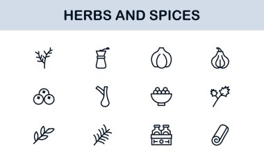 Bitki ve Baharat Hattı Simge Koleksiyonu. Yaratıcı, gurme ve doğal ürün uygulamaları için basit bir doğrusal tasarım içinde eşsiz, organik otlar ve baharat ikonu paketi.