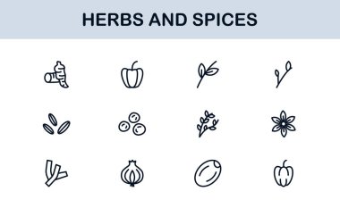 Bitki ve Baharat Hattı Simge Koleksiyonu. Yaratıcı, gurme ve doğal ürün uygulamaları için basit bir doğrusal tasarım içinde eşsiz, organik otlar ve baharat ikonu paketi.