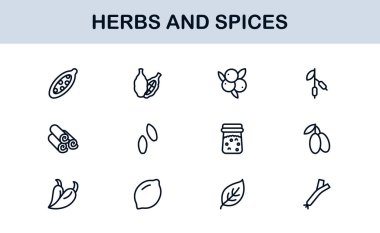 Bitki ve Baharat Hattı Simge Koleksiyonu. Yaratıcı, gurme ve doğal ürün uygulamaları için basit bir doğrusal tasarım içinde eşsiz, organik otlar ve baharat ikonu paketi.