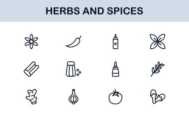 Bitki ve Baharat Hattı Simge Koleksiyonu. Yaratıcı, gurme ve doğal ürün uygulamaları için basit bir doğrusal tasarım içinde eşsiz, organik otlar ve baharat ikonu paketi.