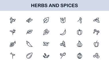 Bitki ve Baharat Hattı Simge Koleksiyonu. Yaratıcı, gurme ve doğal ürün uygulamaları için basit bir doğrusal tasarım içinde eşsiz, organik otlar ve baharat ikonu paketi.